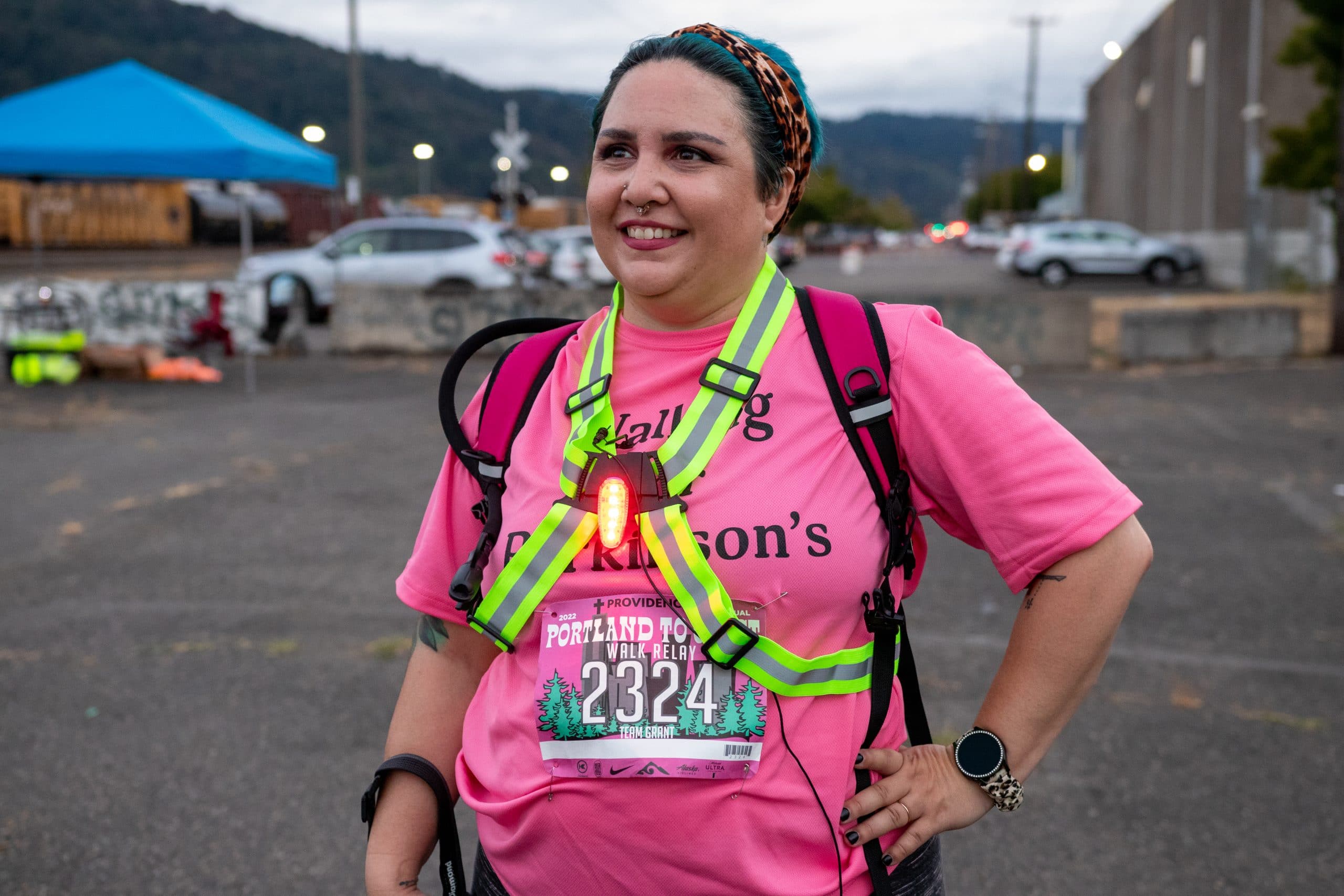 Happy woman in a pink shirt